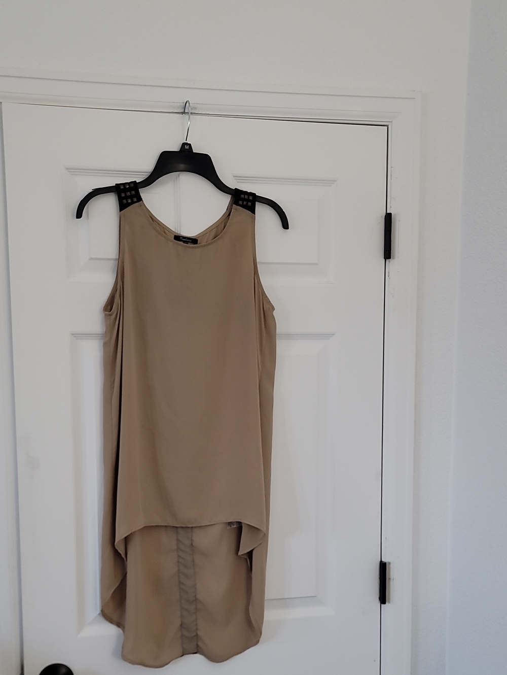 Monteau Taupe High-Low Sleeveless Top with Studded Shoulders
